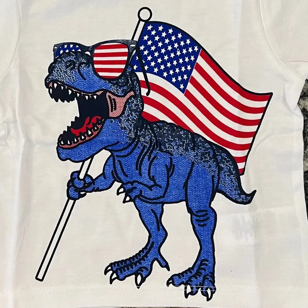 NWT Children's Place White W/4th of July Dinosaur/Flag Graphic Tee - SIZE 6-9M